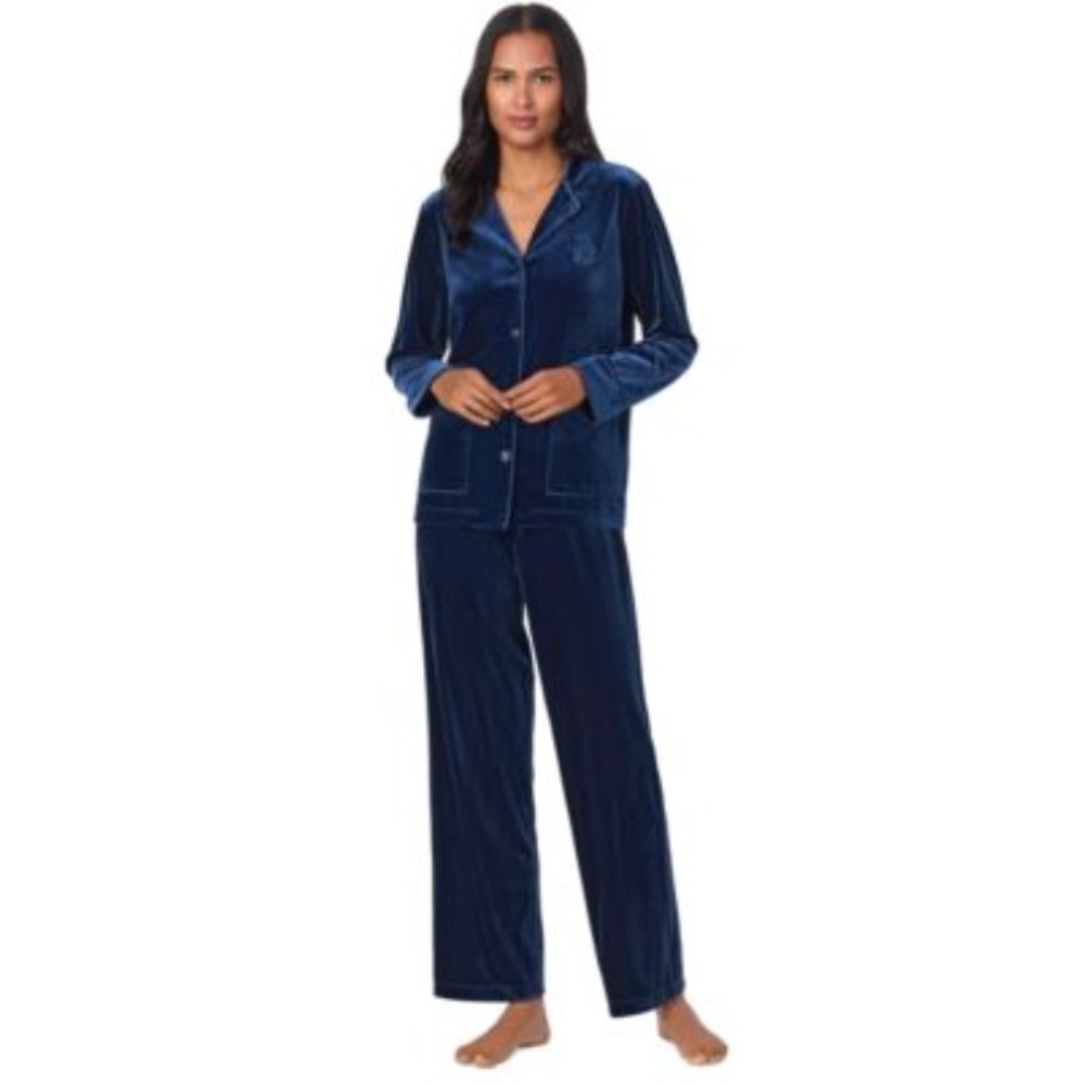 Lauren Ralph Lauren Navy Blue Velvet Pajama Set XL Long Sleeve Button Down Pants